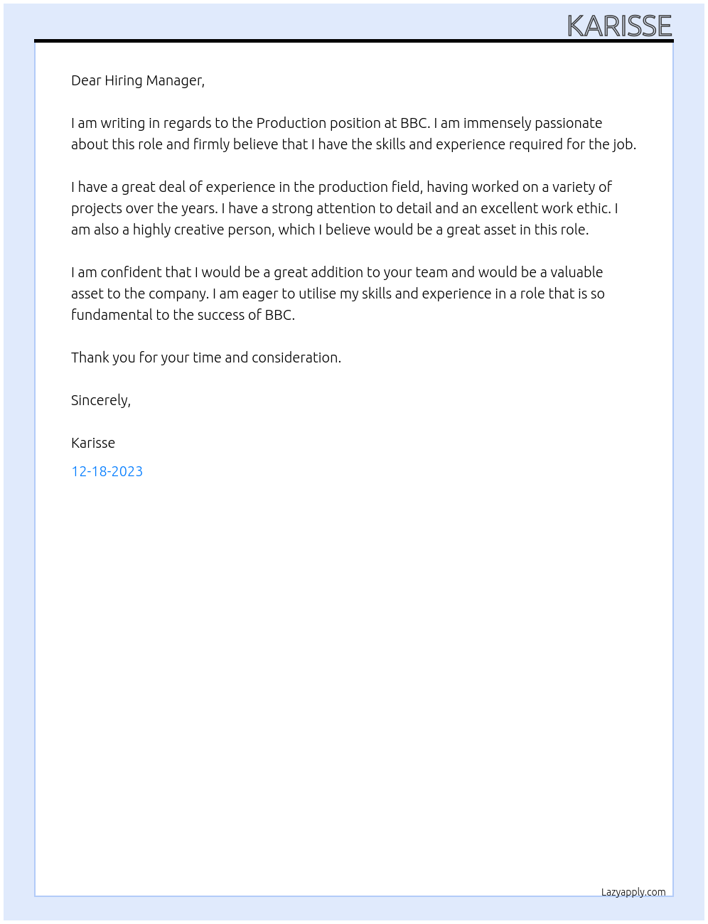 production At BBC  Cover Letter