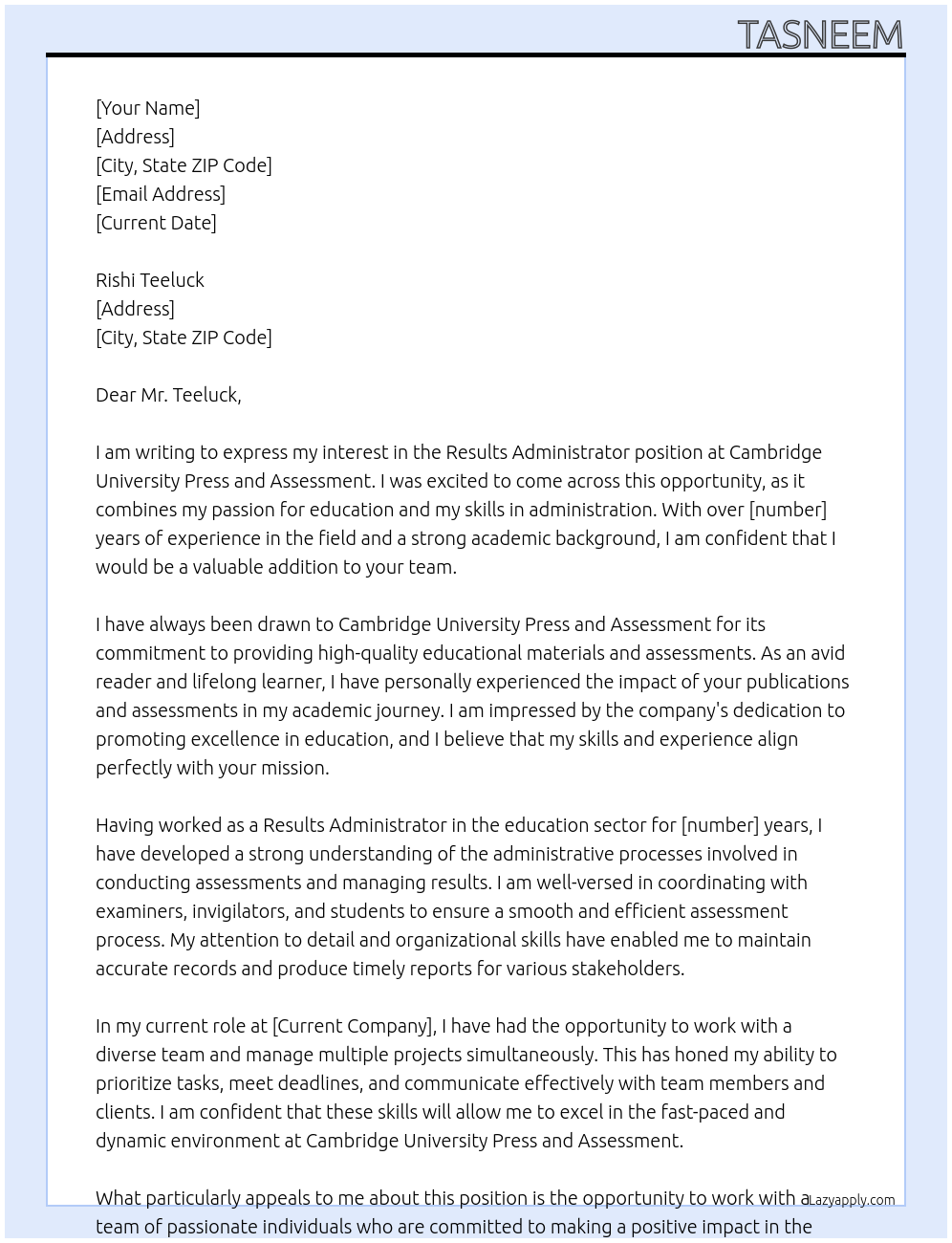Results Administrator At Cambridge University Press and Assessment Cover Letter
