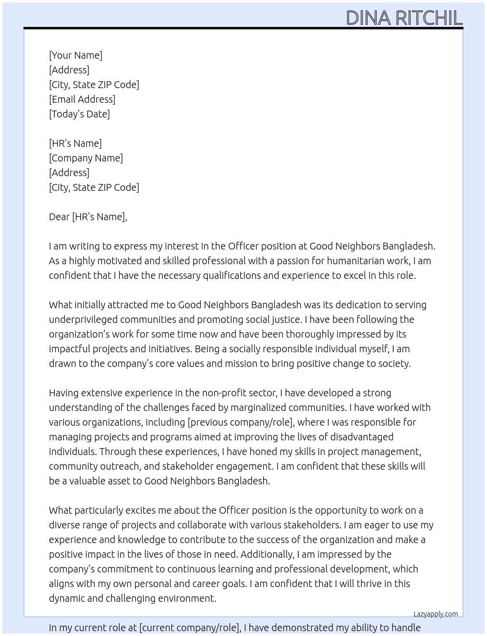 Officer At good neighbors bangladesh Cover Letter
