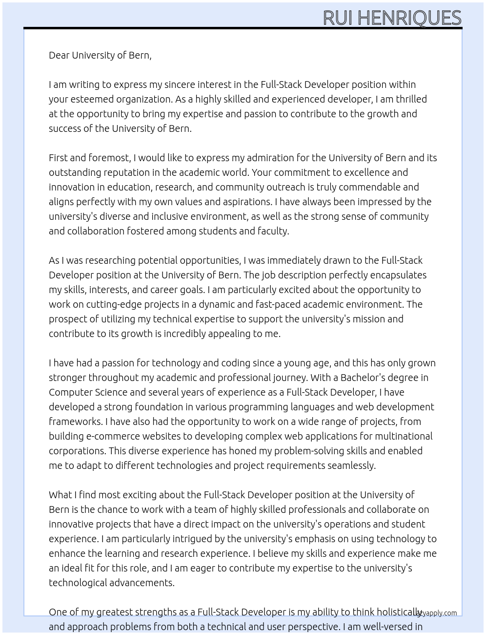 Full-Stack Developer At University of Bern Cover Letter
