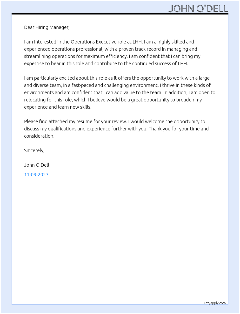 Operations Executive At LHH Cover Letter