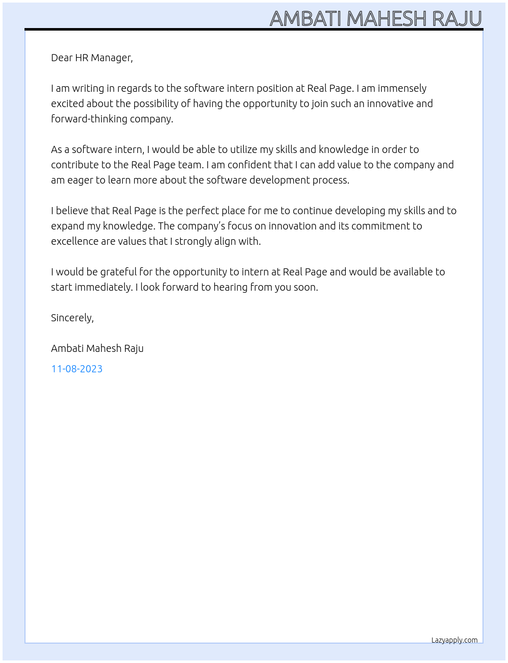 Software intern At Real Page Cover Letter