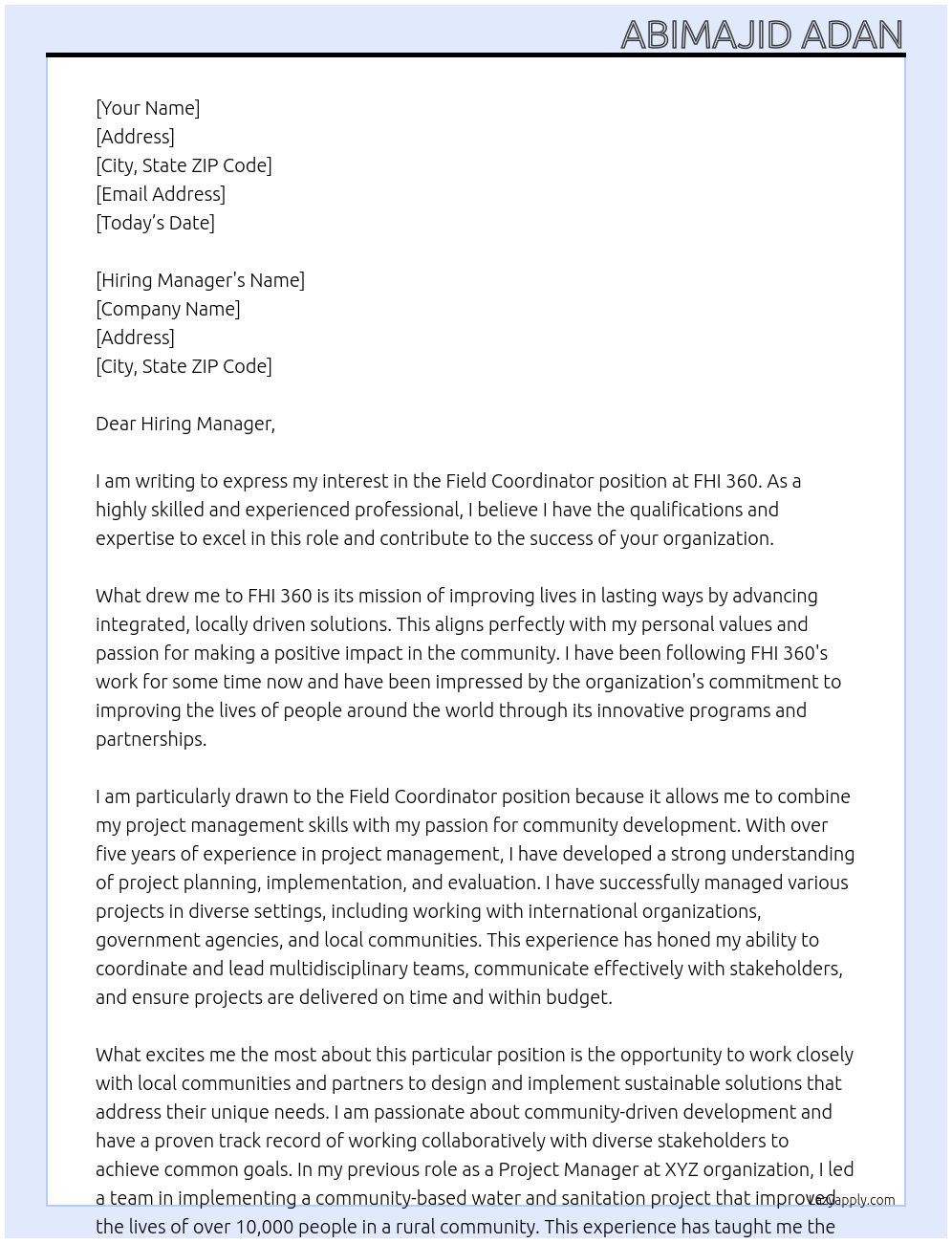 Field Coordinator At FHI 360 Cover Letter