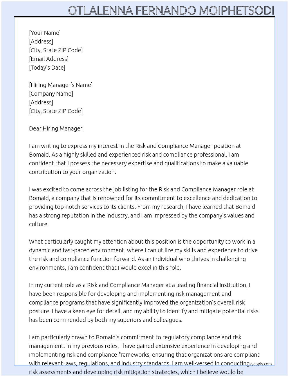 Risk and Compliance Manager At Bomaid Cover Letter