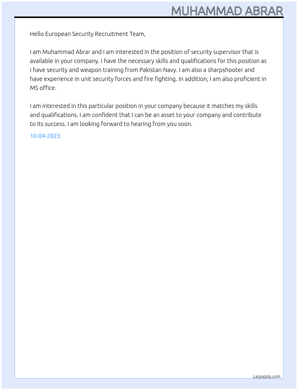 Security supervisor  At European Security  Cover Letter