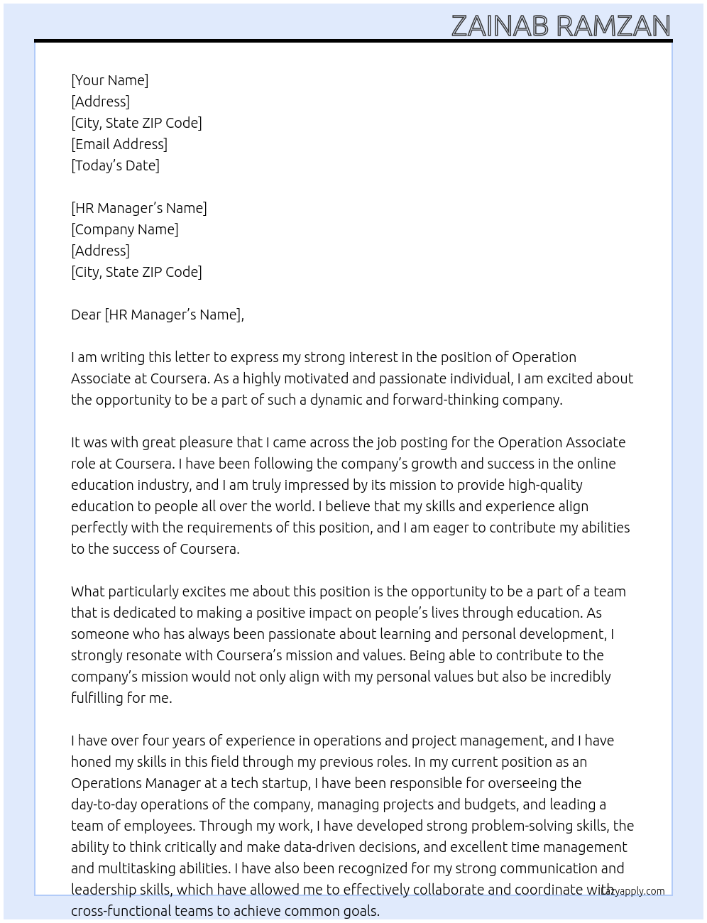 Operation Associate At Coursera Cover Letter