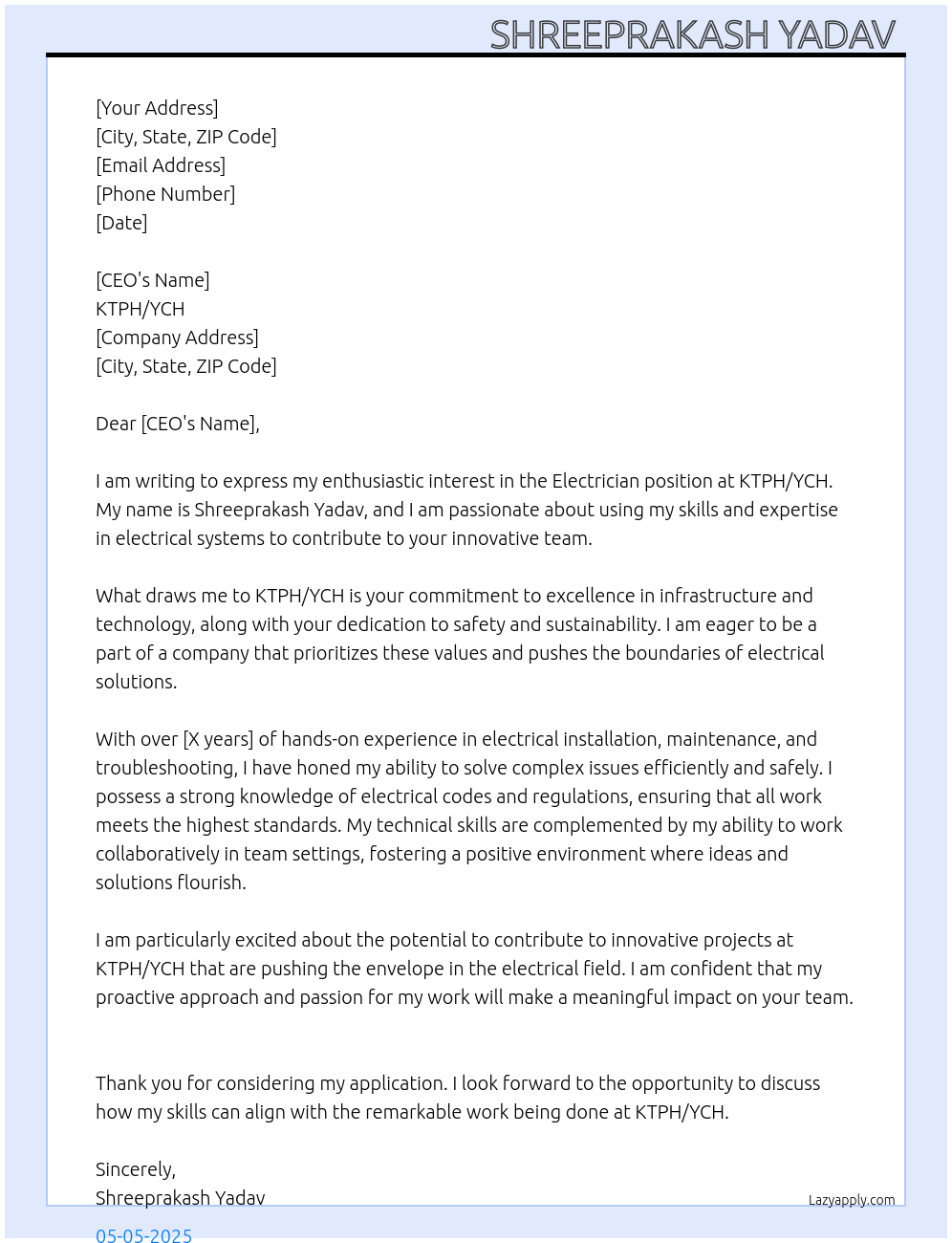 Electrician At (ktph/ych) Cover Letter