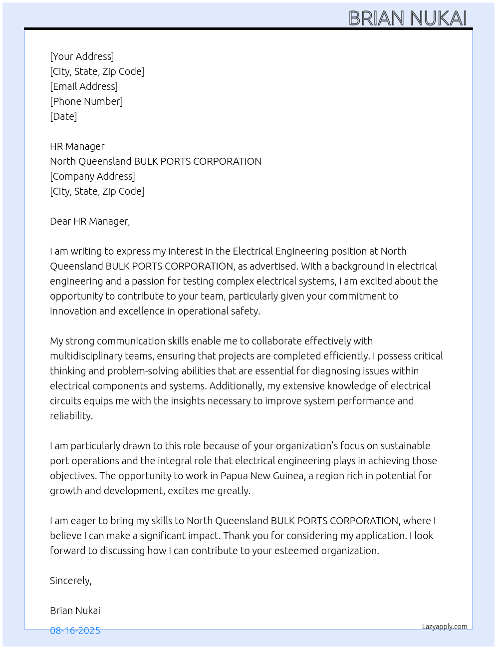 Electrical engineering At North Queensland BULK PORTS CORPORATION Cover Letter