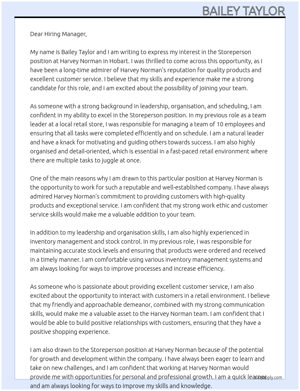 Storeperson At Harvey Norman  Cover Letter