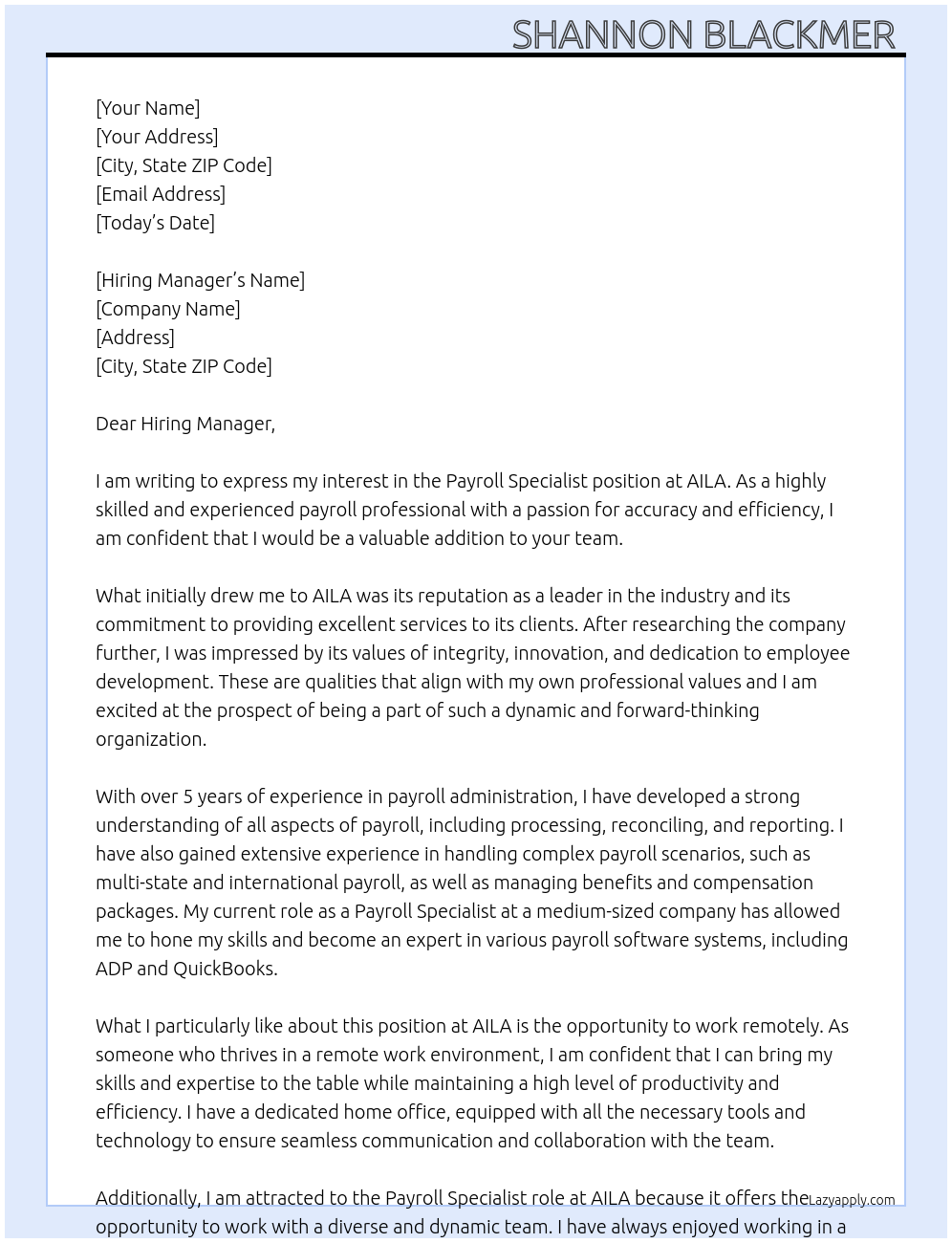 Payroll Specialist At AILA Cover Letter