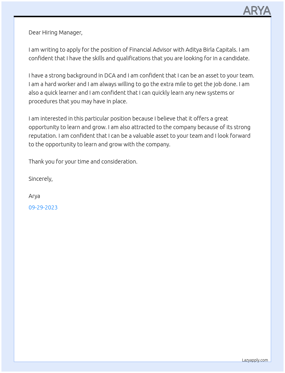 Financial Advisor At Aditya Birla Capitals Cover Letter