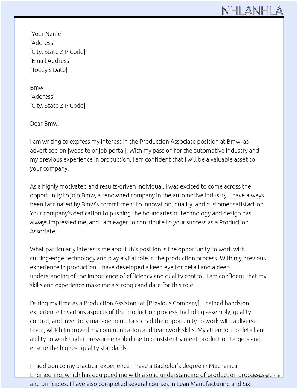 Production associate At Bmw Cover Letter
