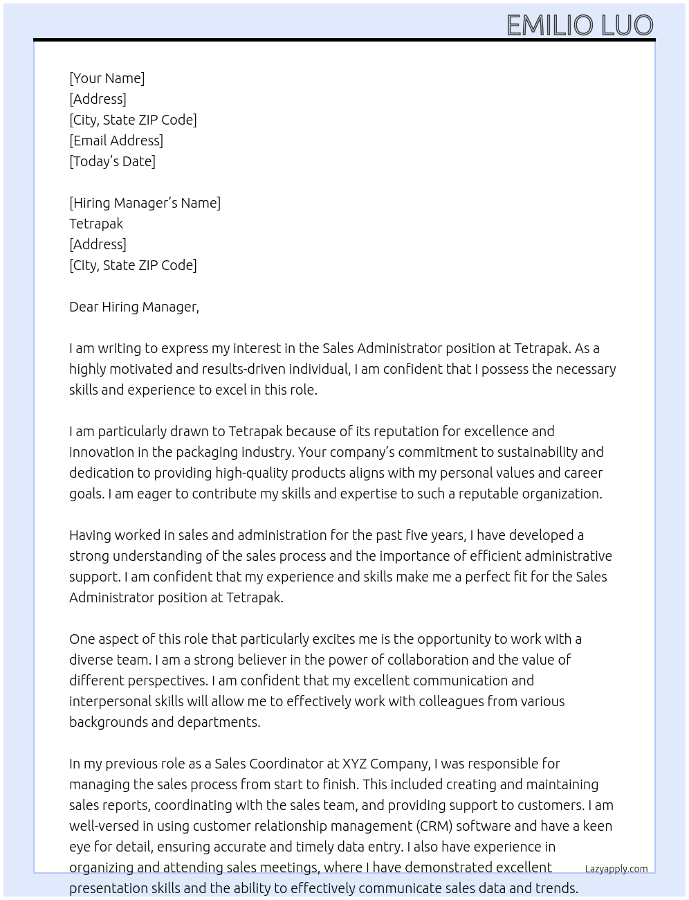 Sales Administrator At Tetrapak Cover Letter