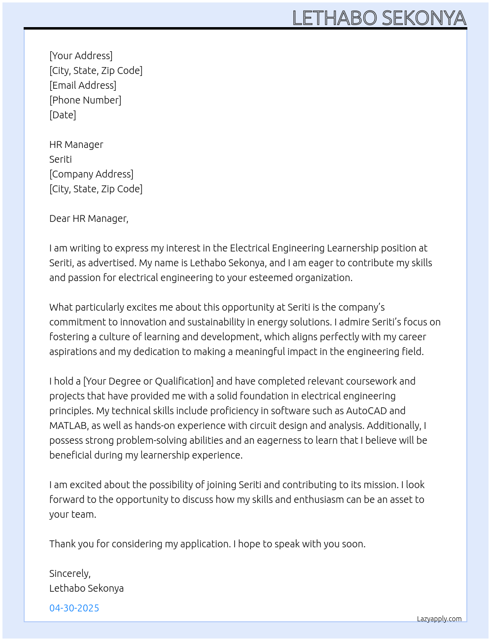 Electrical engineering learnership At Seriti Cover Letter