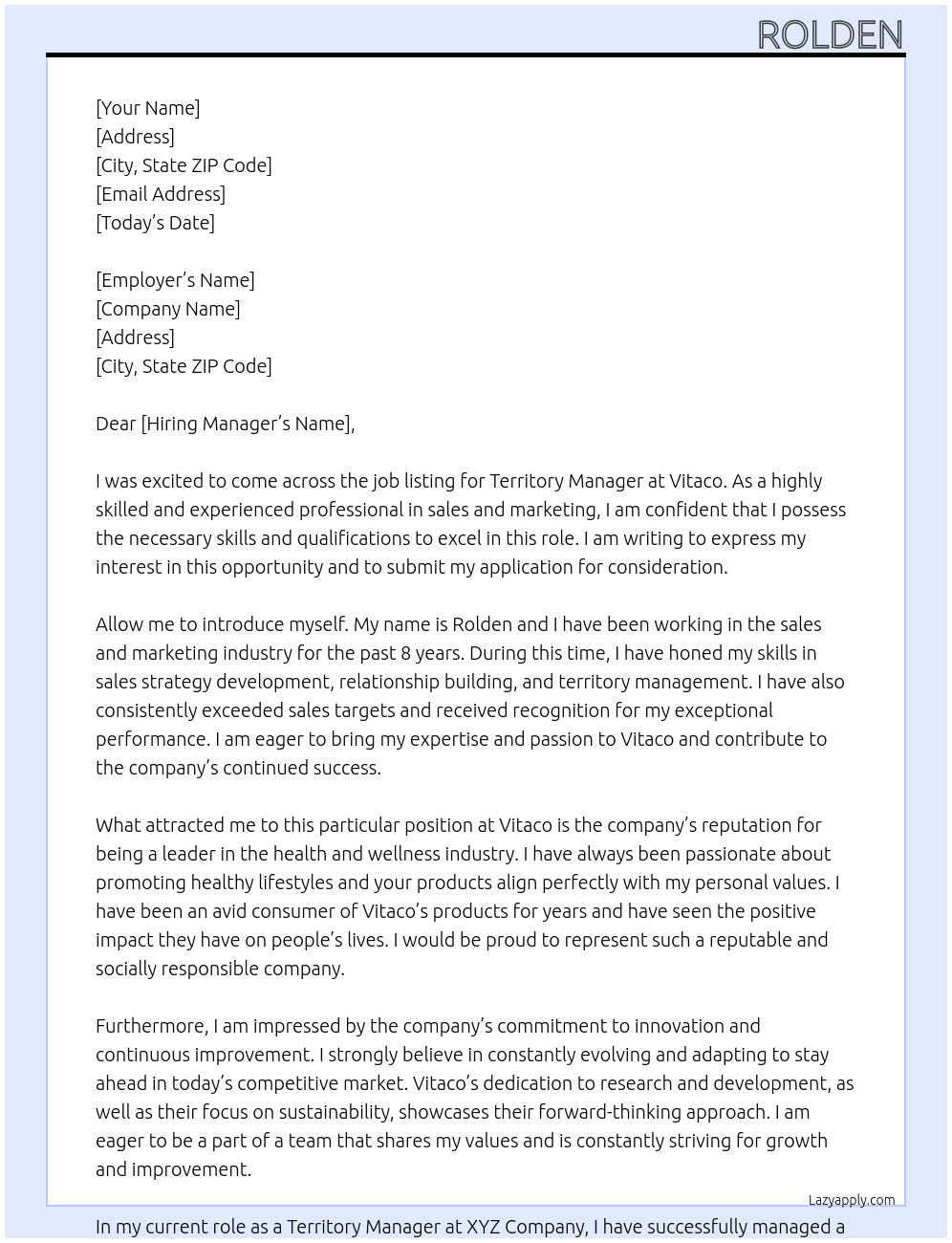 territory manager At Vitaco Cover Letter