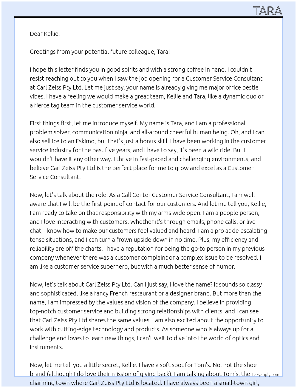 Customer Service Consultant  At Carl Zeiss Pty Ltd Cover Letter