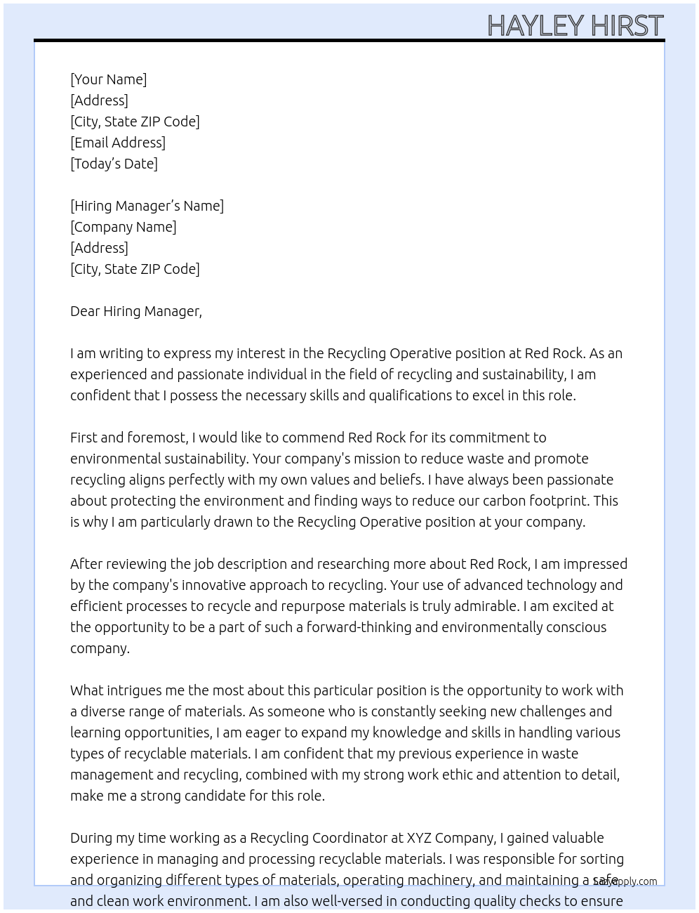 Recycling operative At Red Rock Cover Letter