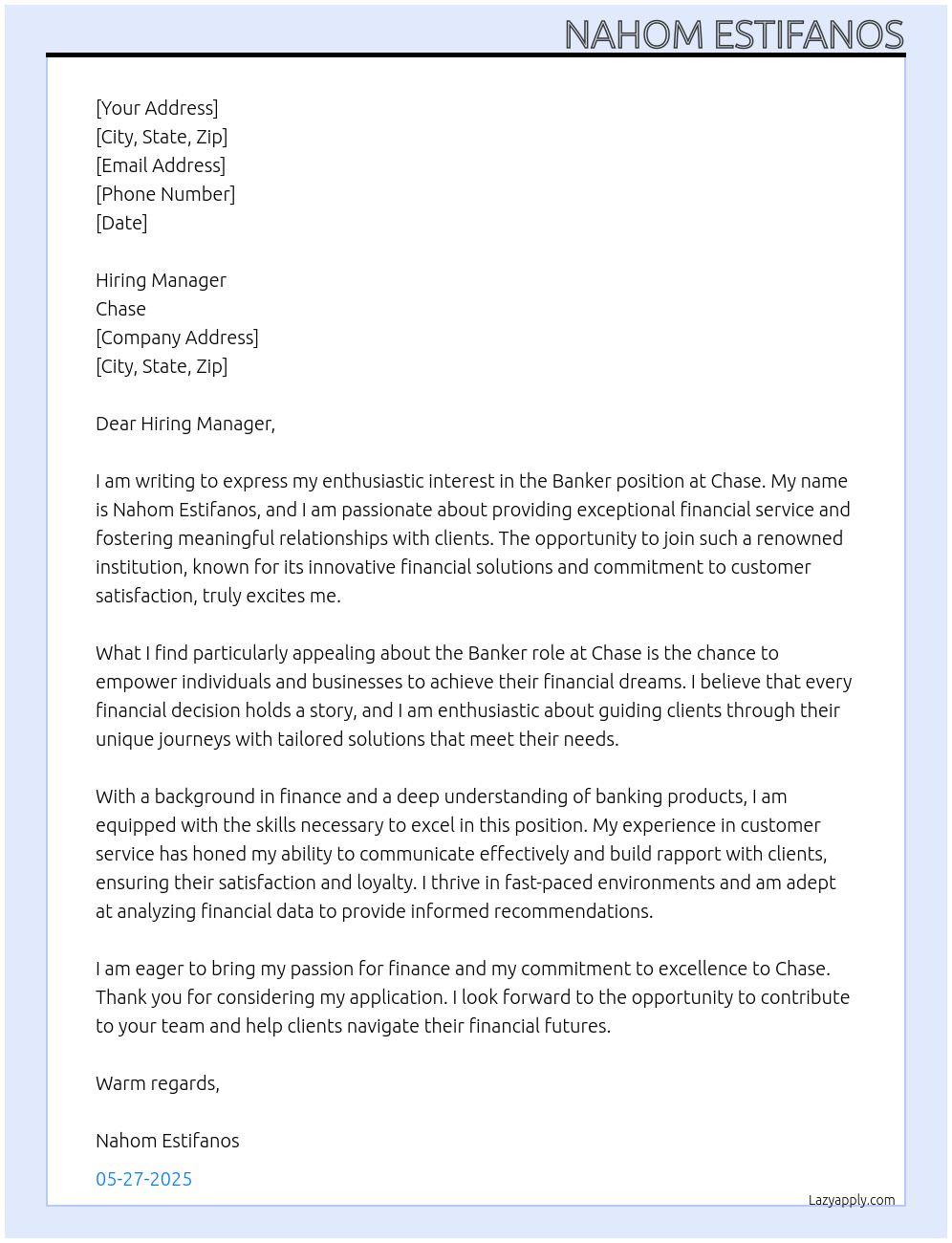 Banker At Chase Cover Letter