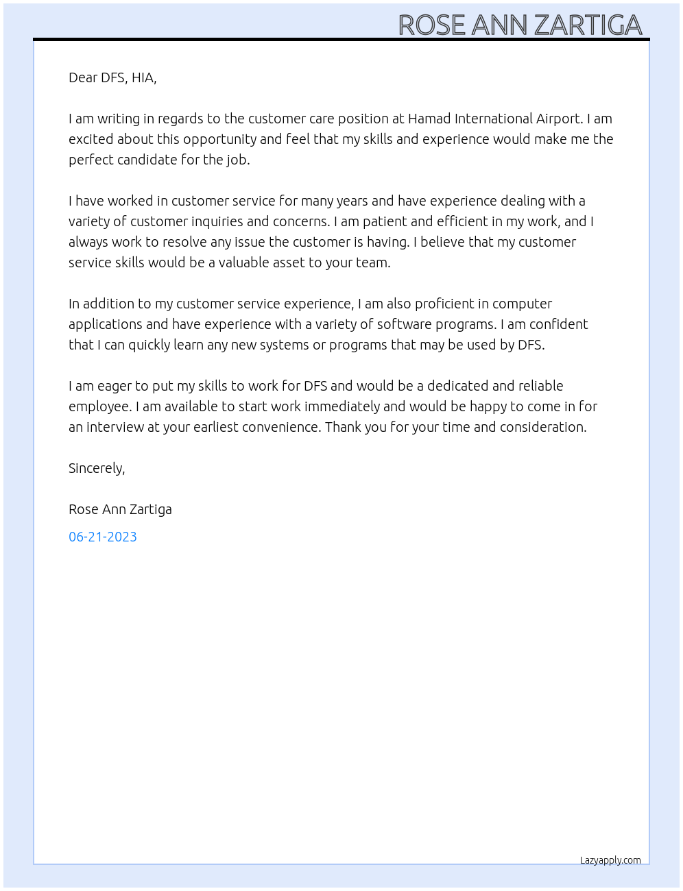 customer care At DFS, HIA Cover Letter