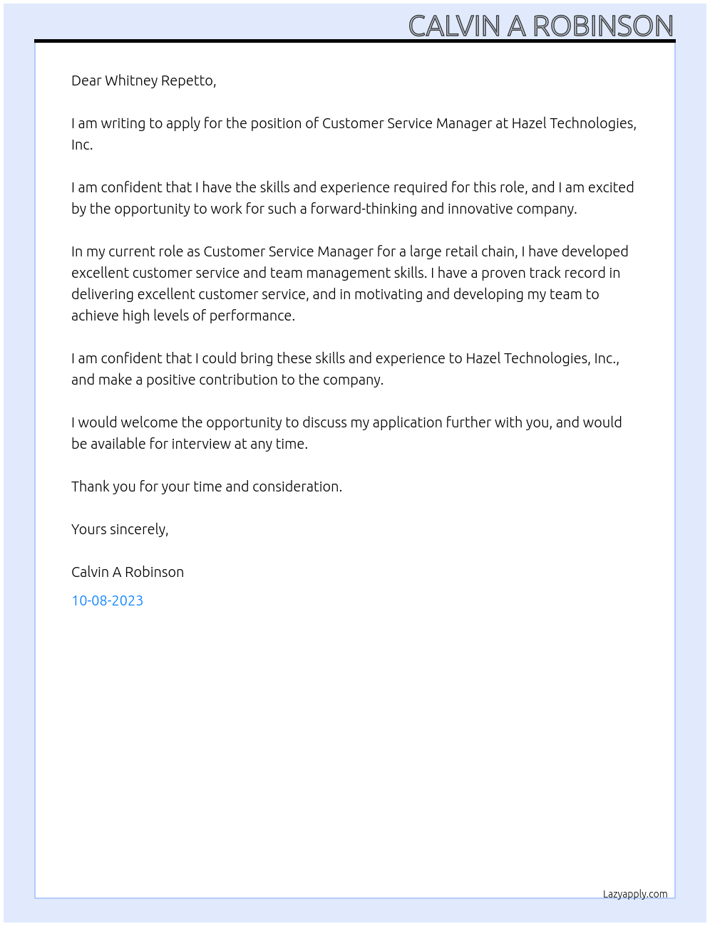 Customer service manager At Hazel Technologies, Inc. Cover Letter