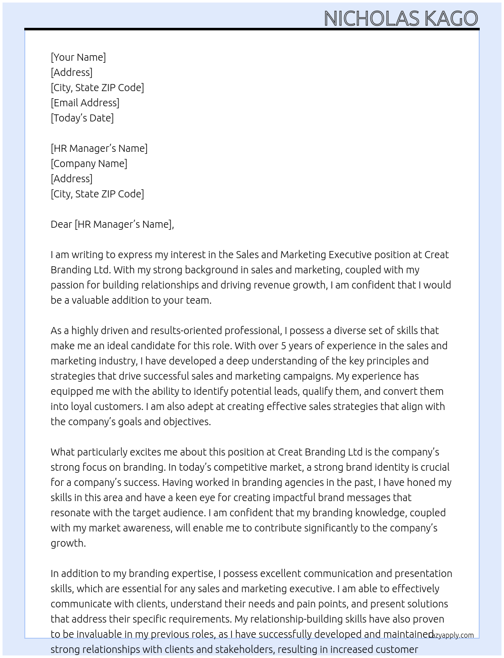 Sales and marketing executive At Creat Branding Ltd Cover Letter