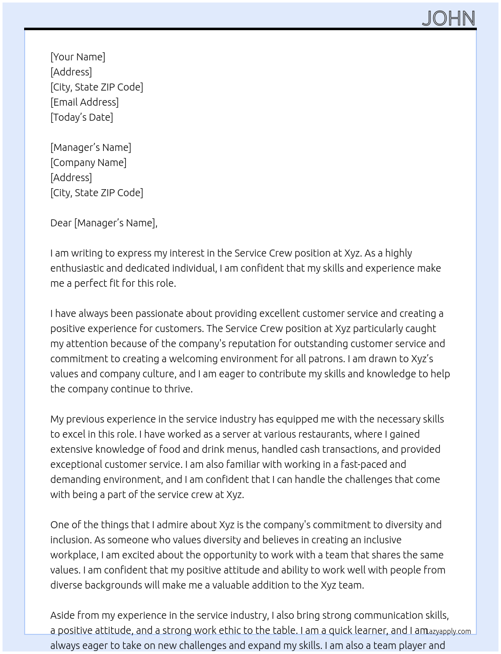 Service Crew At Xyz Cover Letter