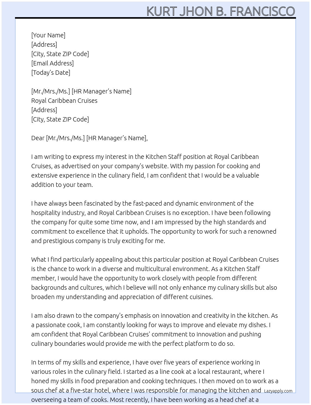 Kitchen Staff At Royal Caribbean Cruises Cover Letter