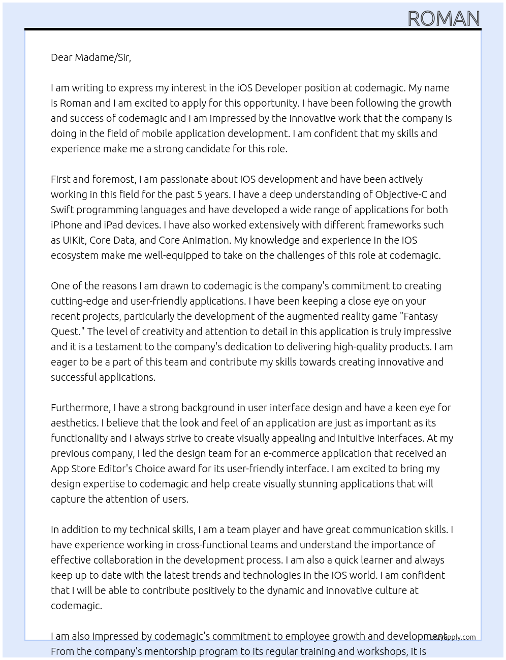 iOS Developer At codemagic Cover Letter