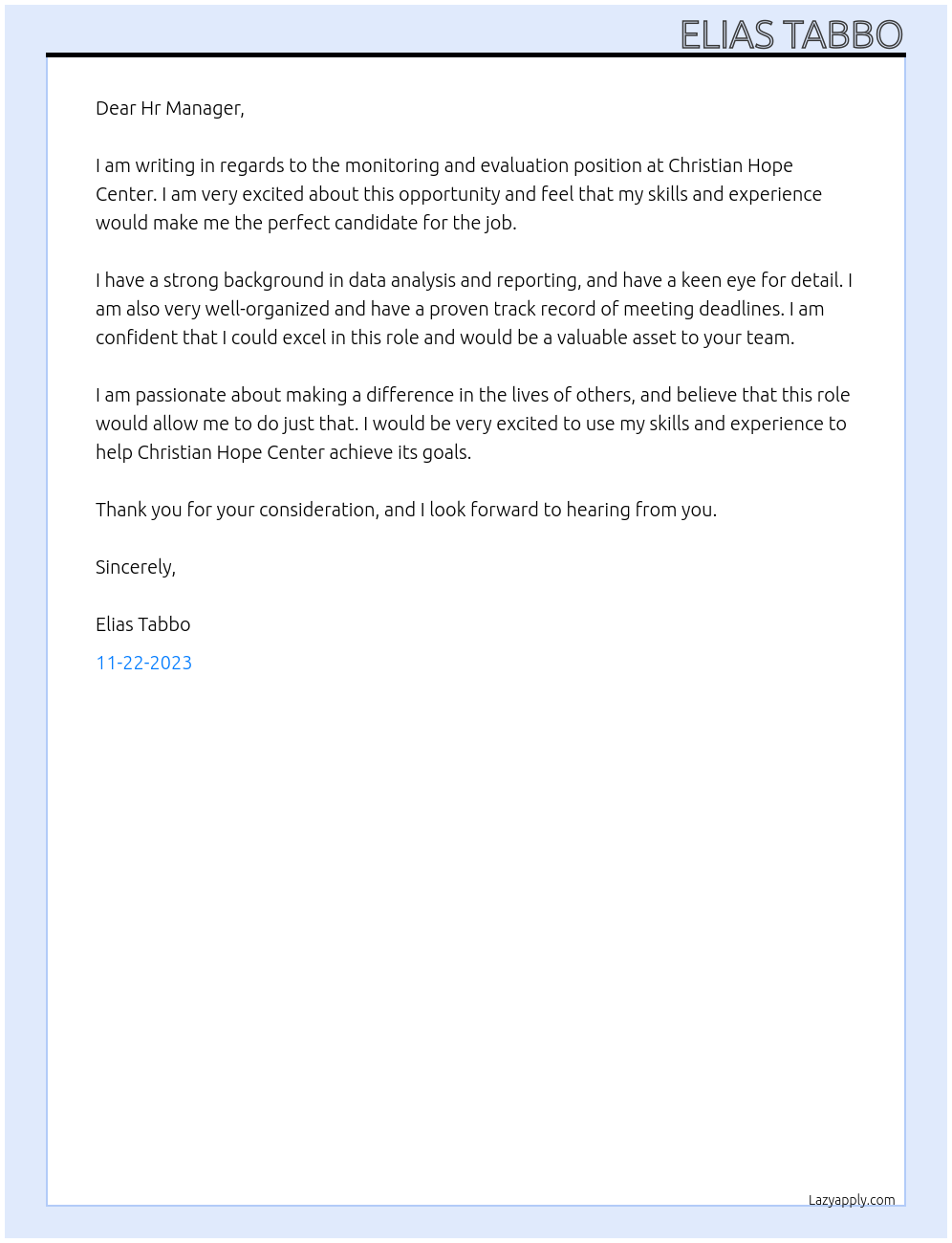 Monitoring and evaluation At Christian Hope Center Cover Letter