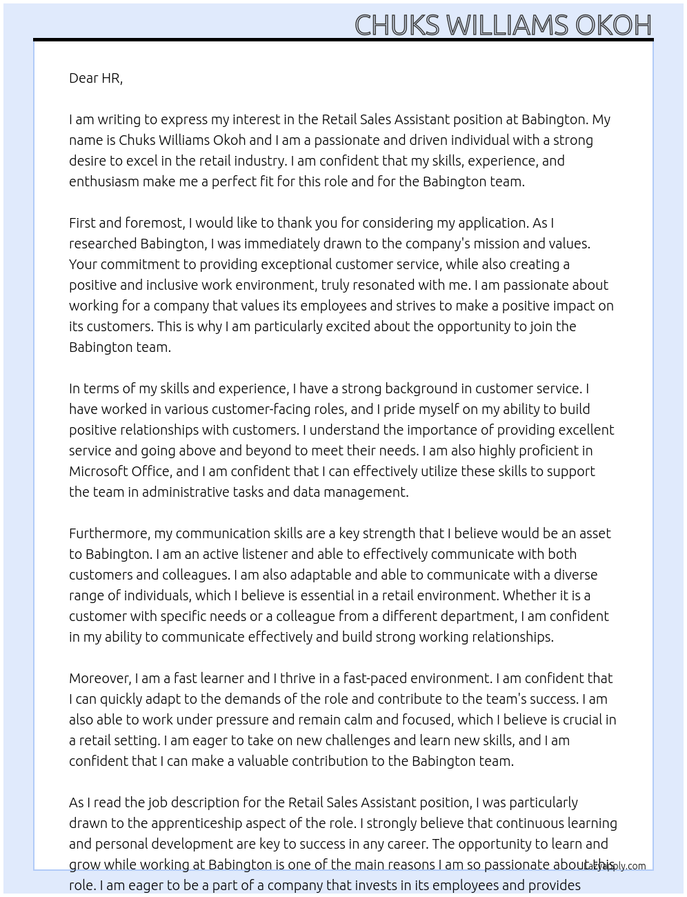 Retail sales Assistant At Babington Cover Letter