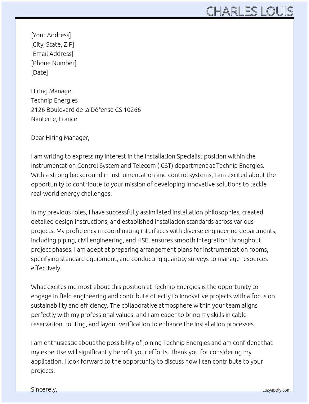 Installation Specialist At Technip Energies Cover Letter