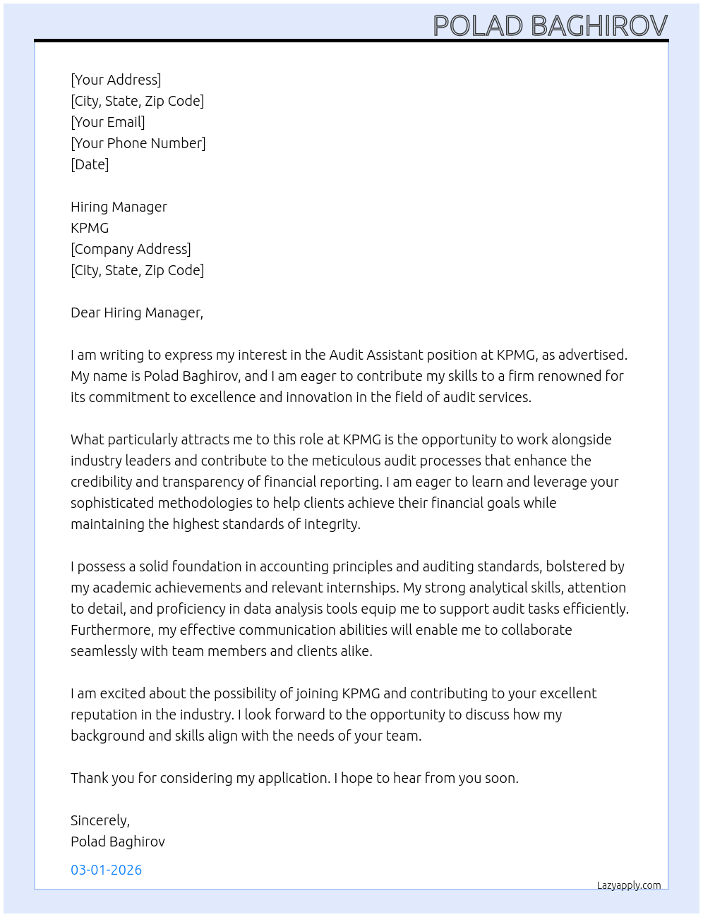 Audit assitant At KPMG Cover Letter