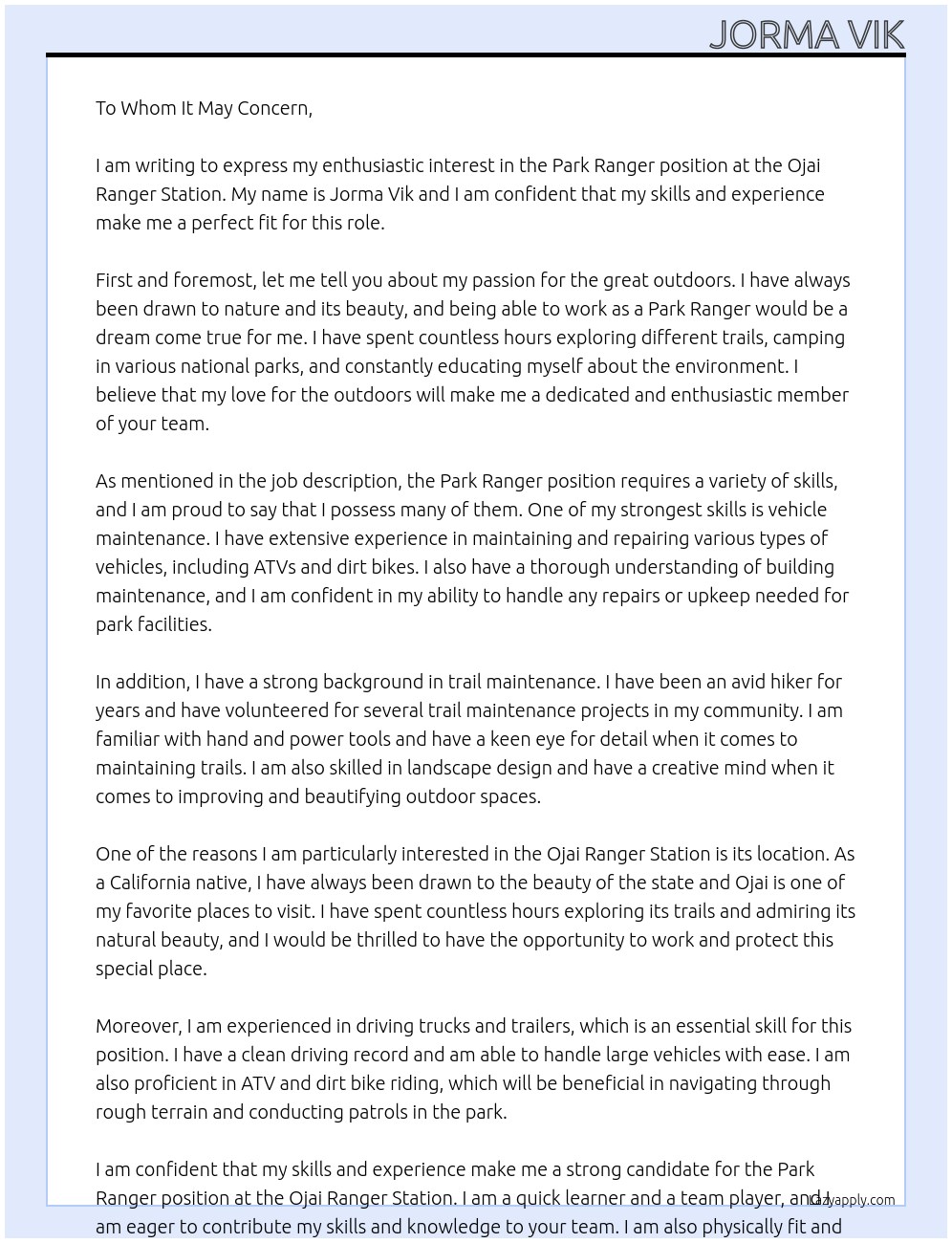 Park Ranger At Ojai Ranger Station Cover Letter