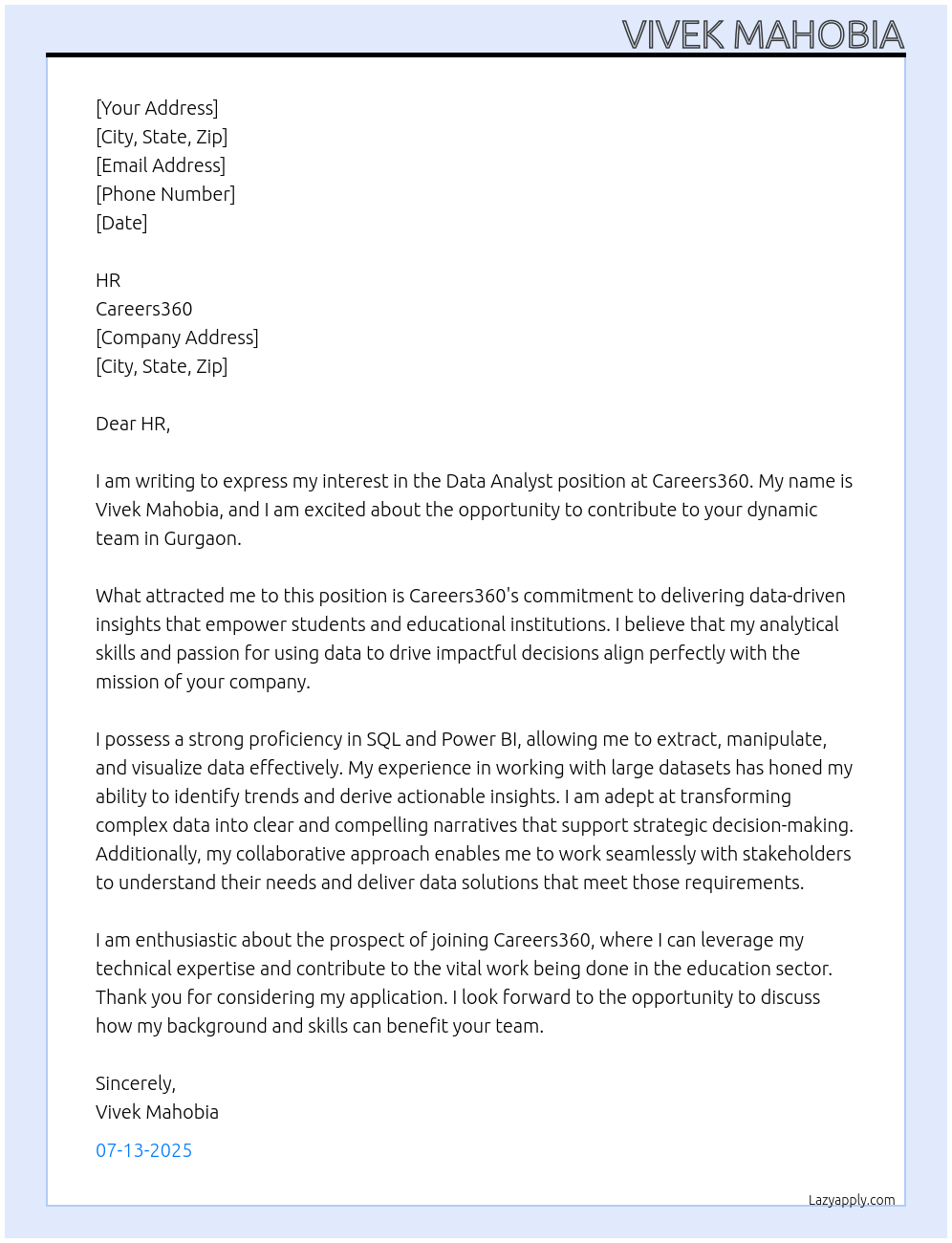 Data Analyst At Careers360 Cover Letter