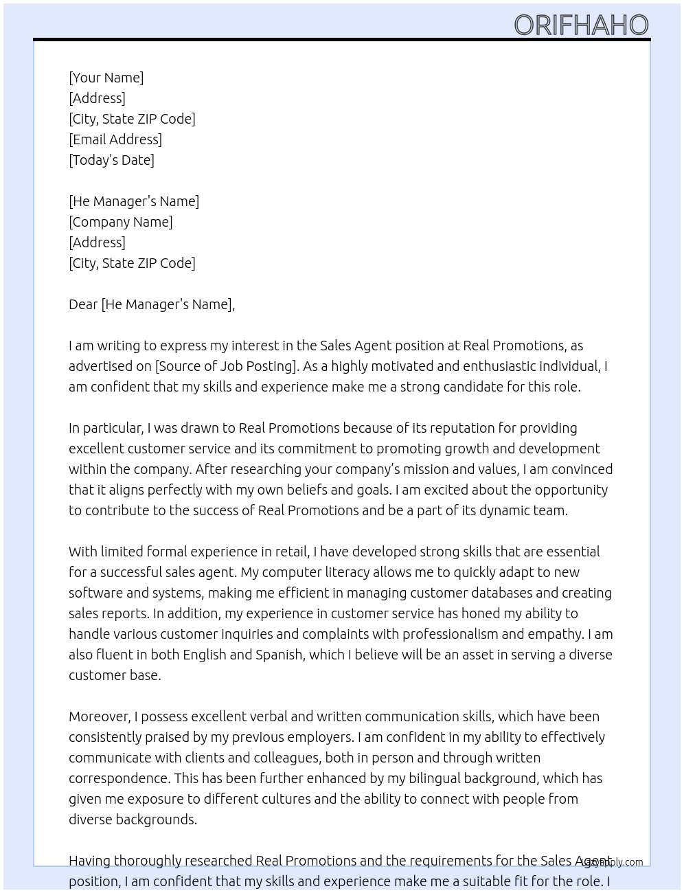 Sales agent At Real promotions Cover Letter