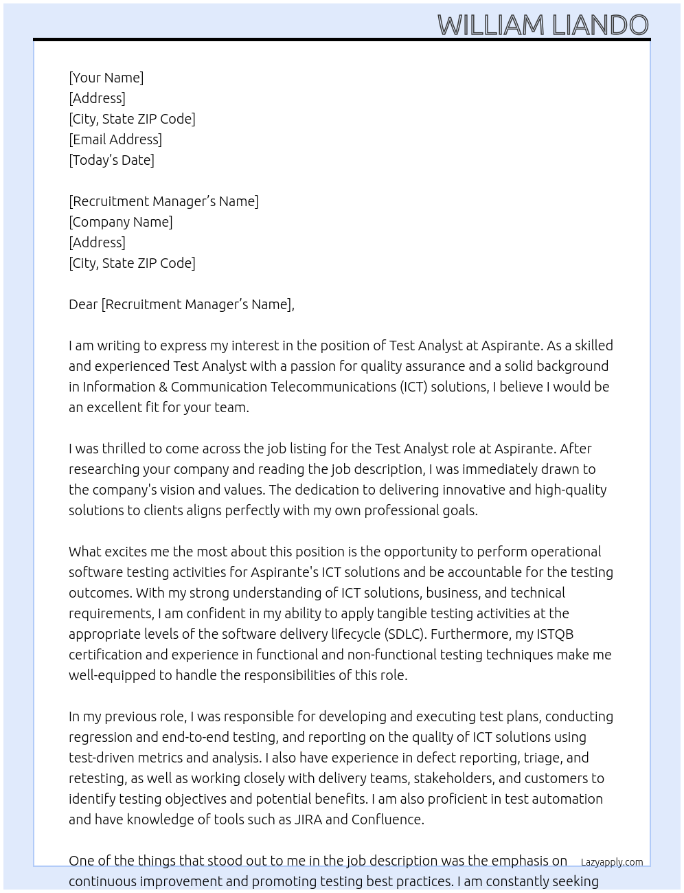 Test Analyst At Aspirante Cover Letter