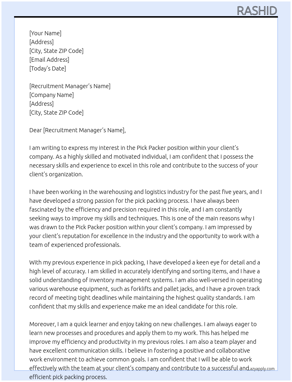 pick packer At your client Cover Letter