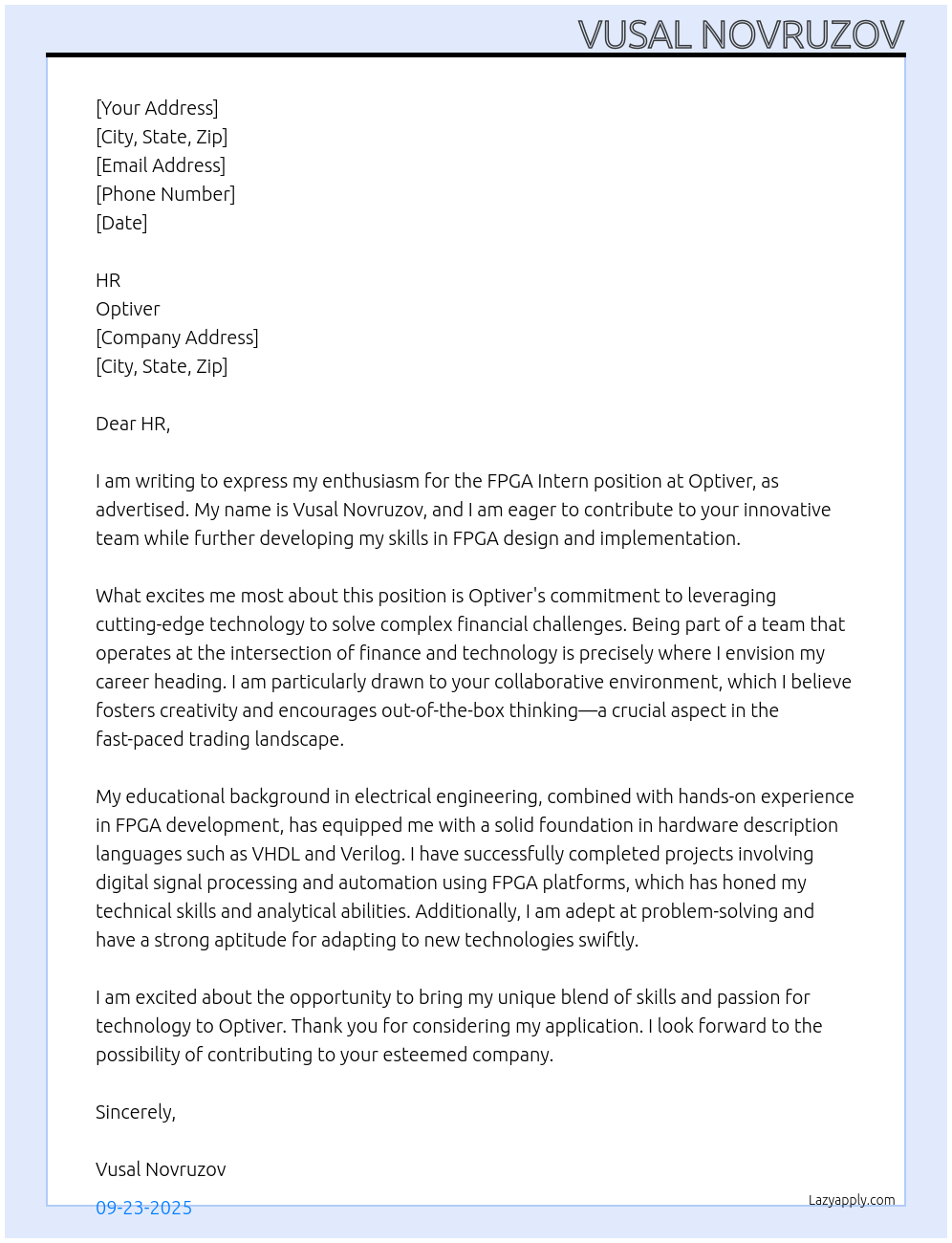 FPGA Intern At Optiver Cover Letter