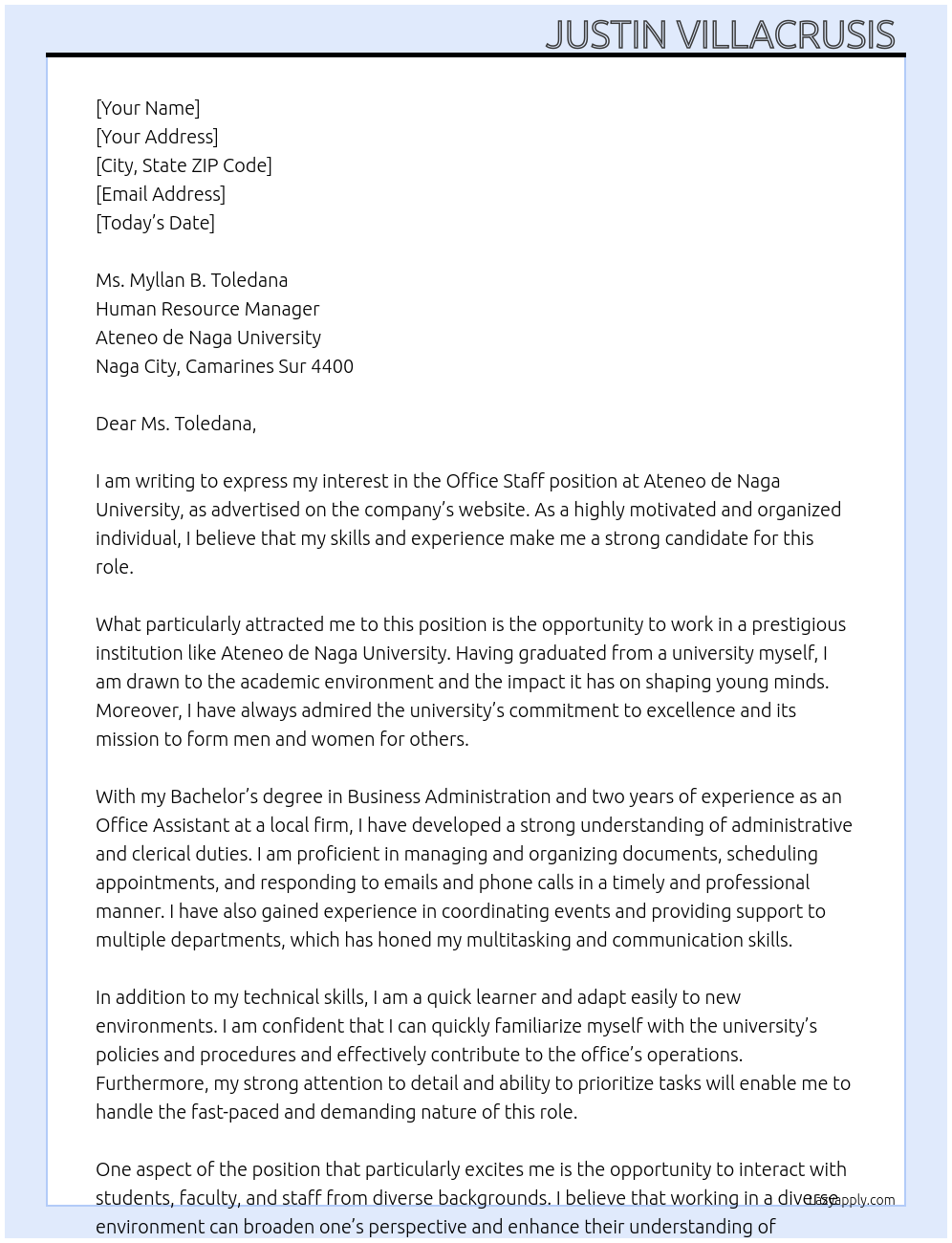 Office Staff At Ateneo de Naga University Cover Letter