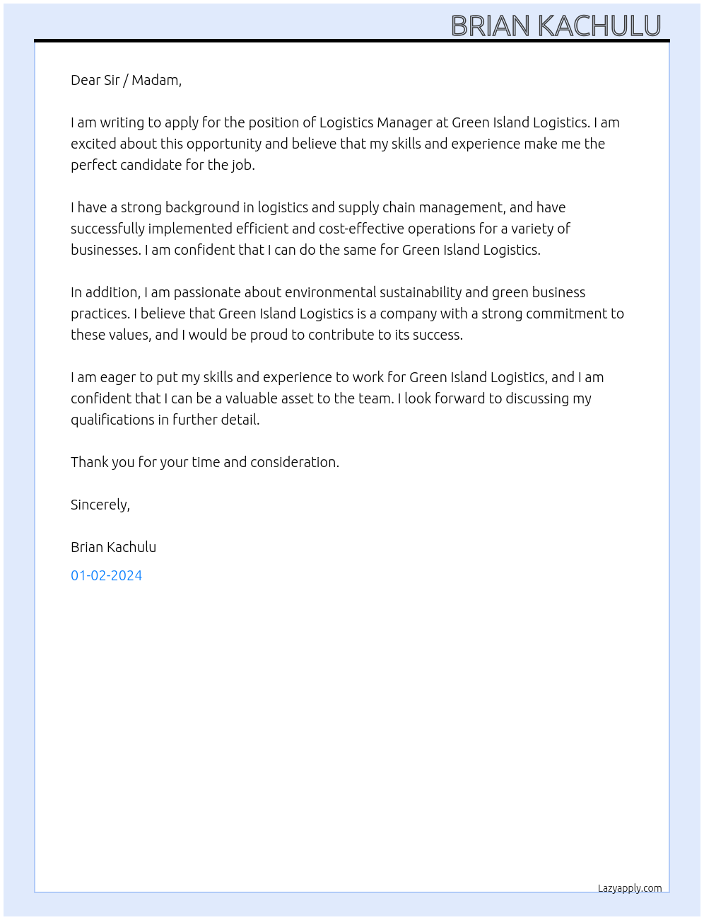 Logistics Manager At Green island logistics Cover Letter