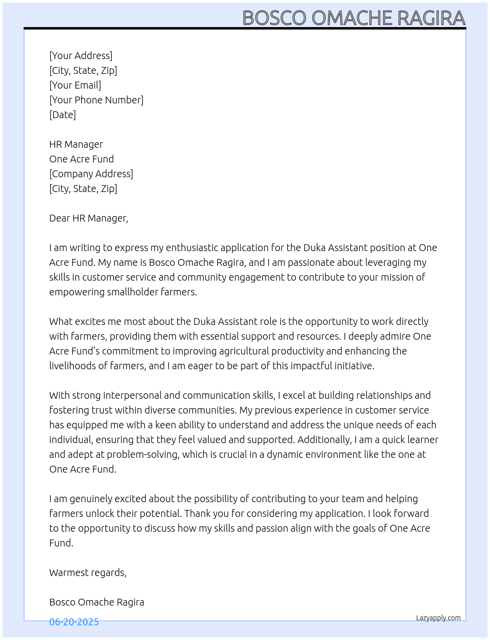 DUKA ASSISTANT At ONE ACRE FUND Cover Letter