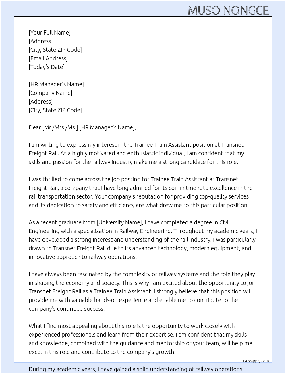 Trainee train assistant  At Transnet Freight Rail  Cover Letter