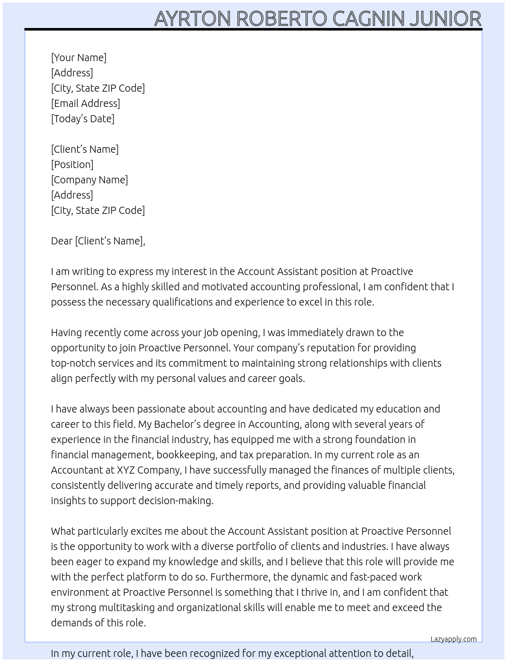 Account Assistant At Proactive Personnel Cover Letter