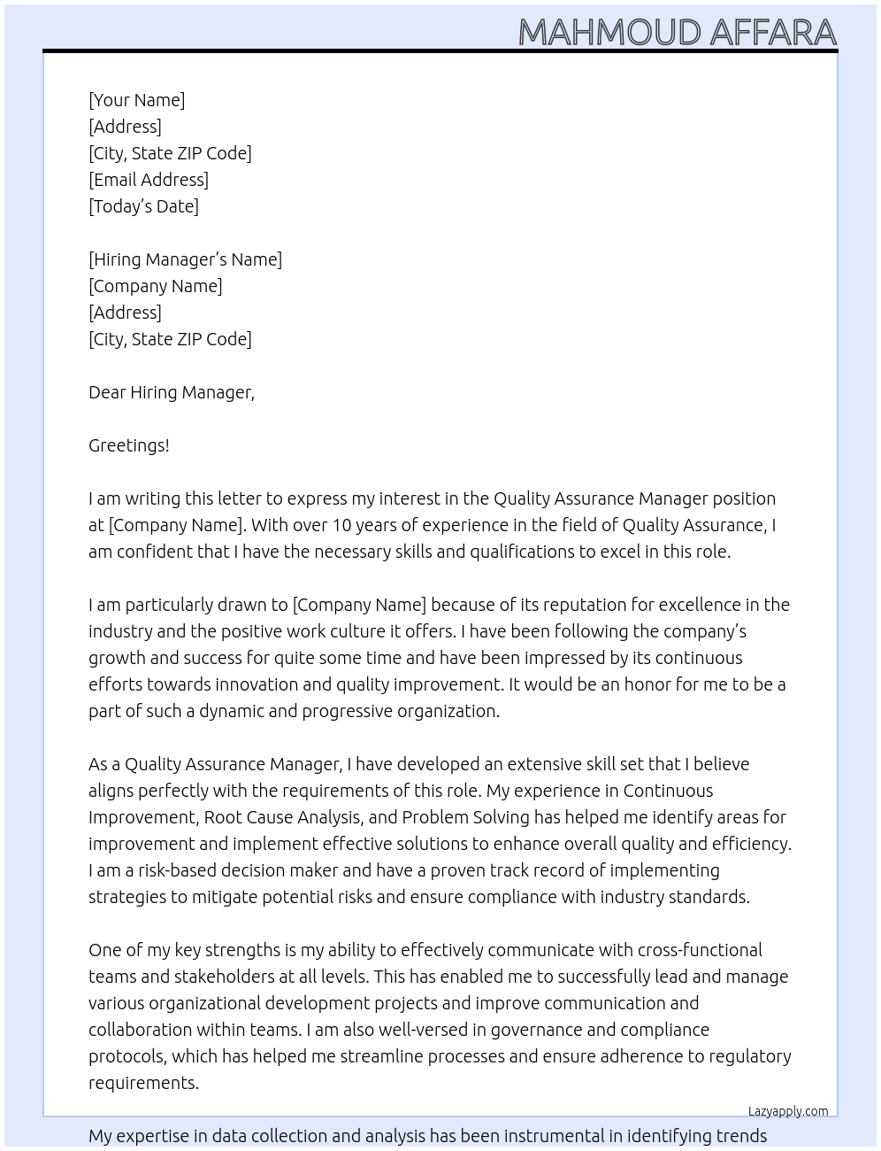 Quality Assurance Manager At Company  Cover Letter