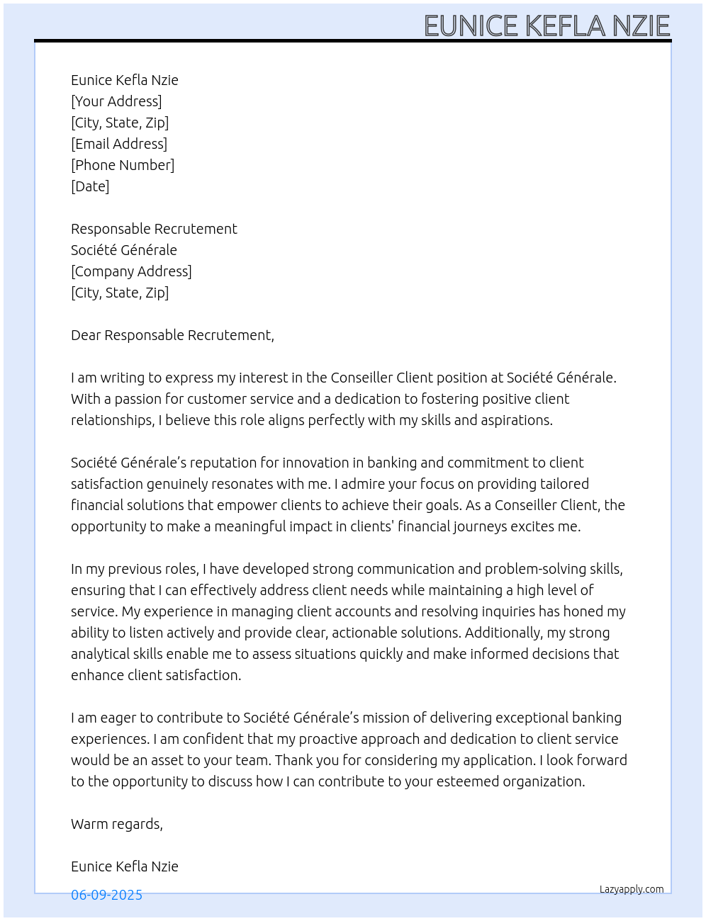 Conseiller client At Société Génerale Cover Letter