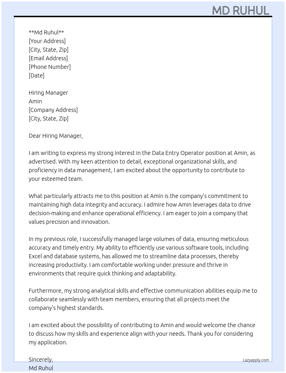 Data entry Operator At Amin Cover Letter
