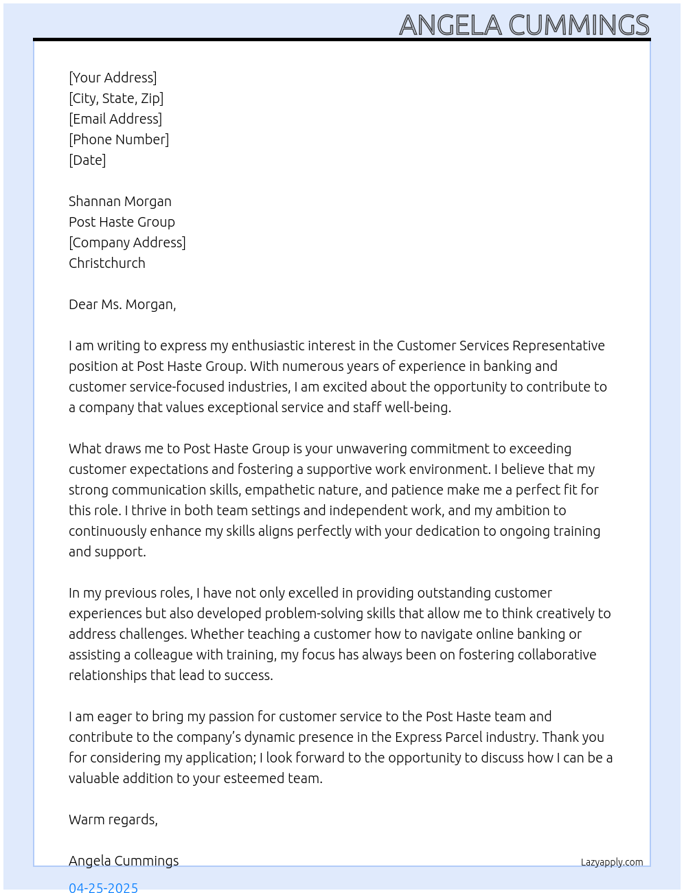 Customer Services Representative At Post Haste Group Cover Letter