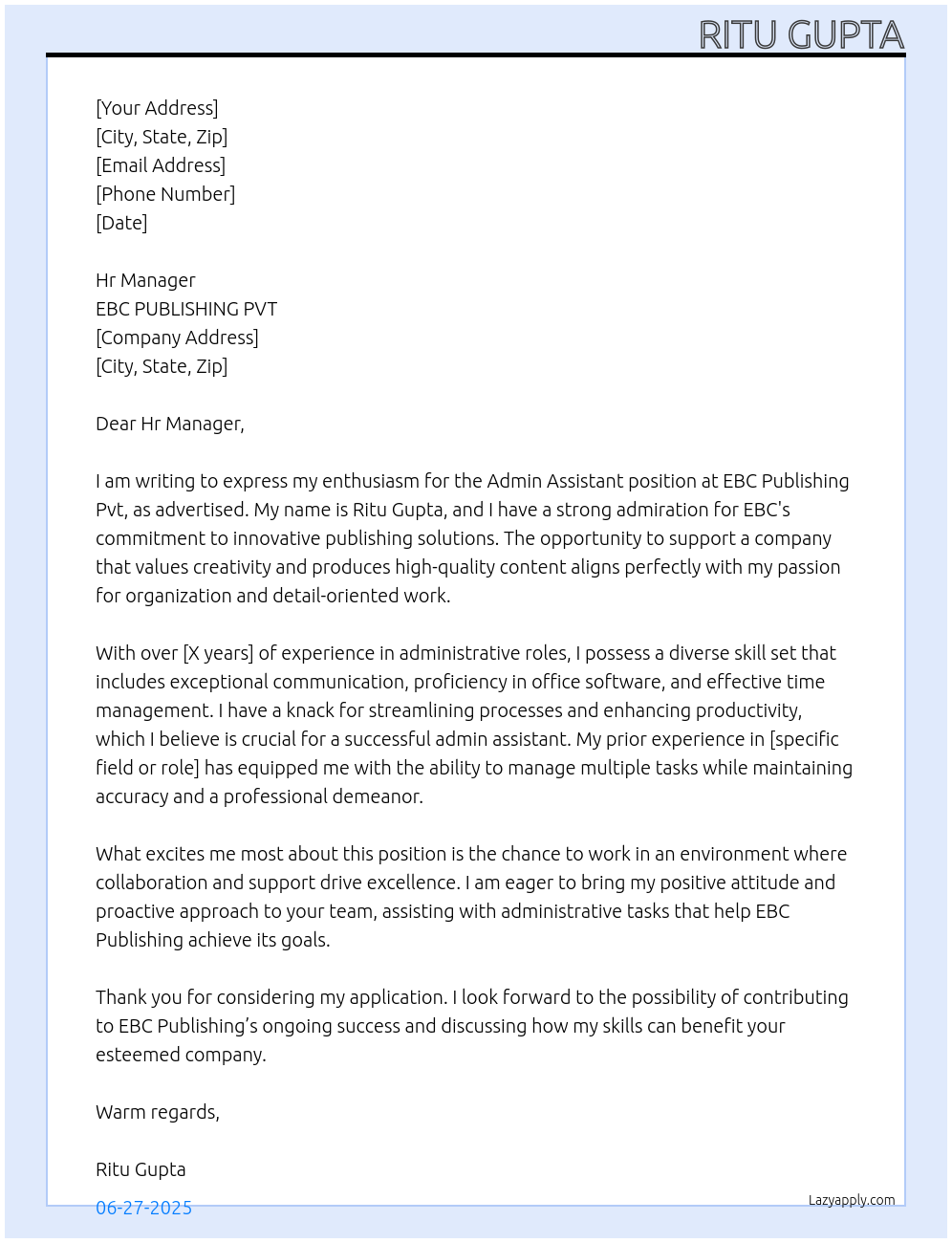 Admin assistant At EBC PUBLISHING PVT Cover Letter