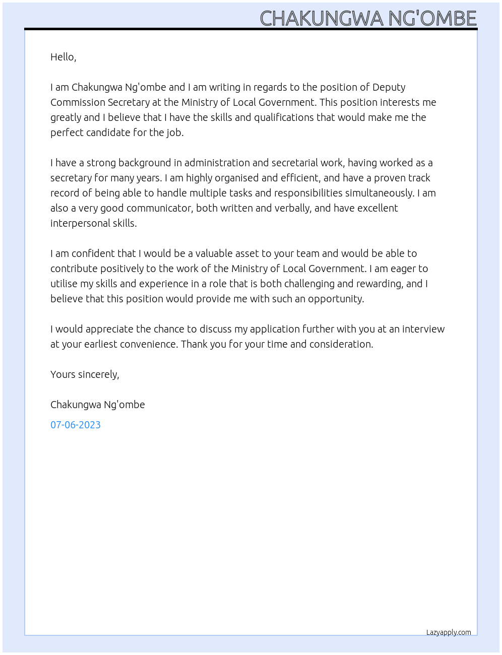 Possible employment  At Ministry of Local government  Cover Letter