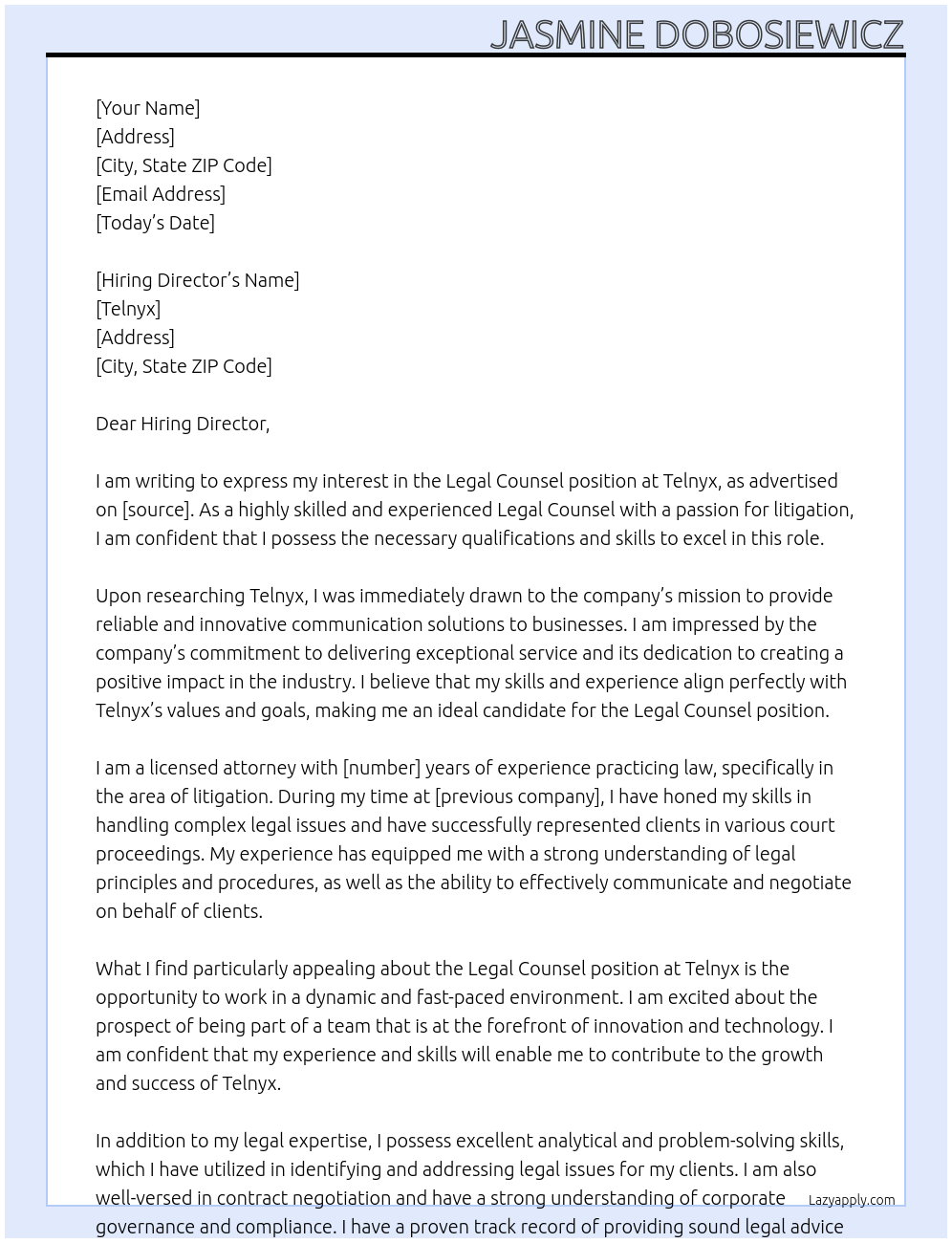 Legal counsel At Telnyx Cover Letter